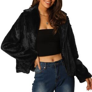 Winter Cropped Notch Lapel Long Sleeve Faux Fur Fluffy Coat Black